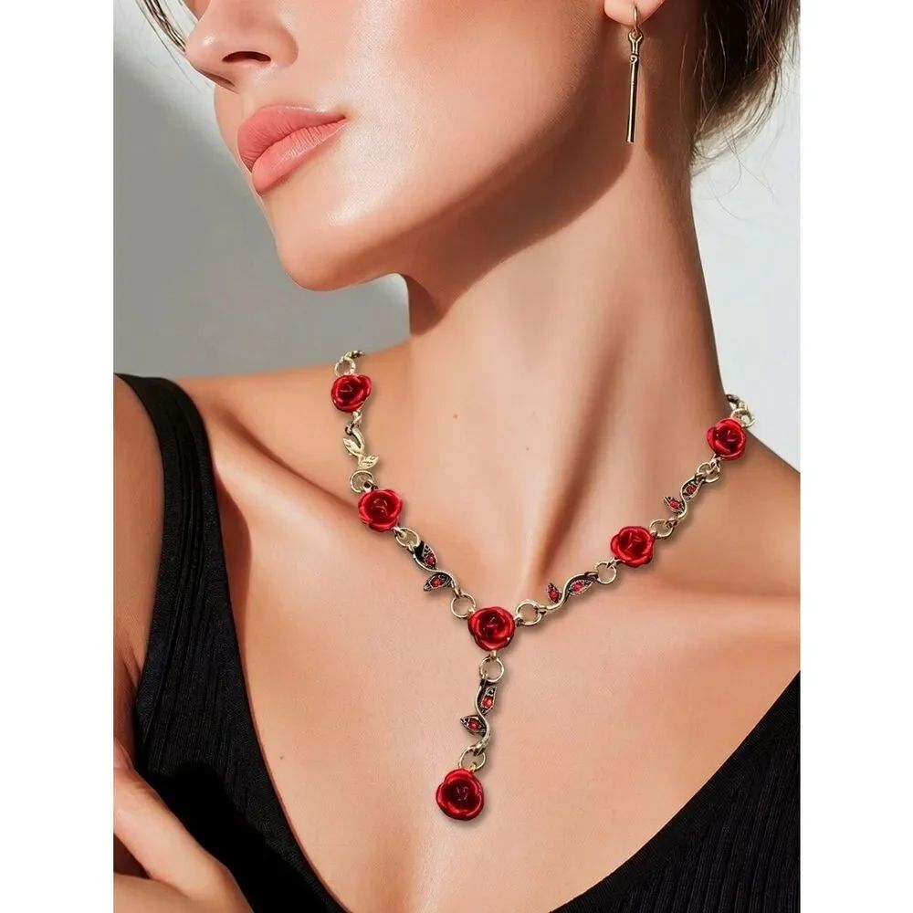Red Rose Choker Necklace Beauty & the Beast Inspired Romantic Gold Rose Pendant